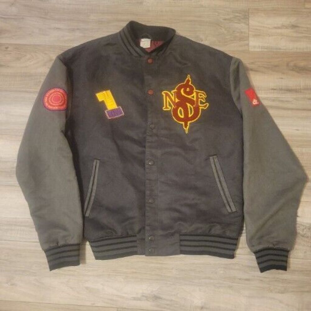 Vintage Nike Varsity Bomber Jacket‎  Mens Large Snap Gray Two Tone Suede